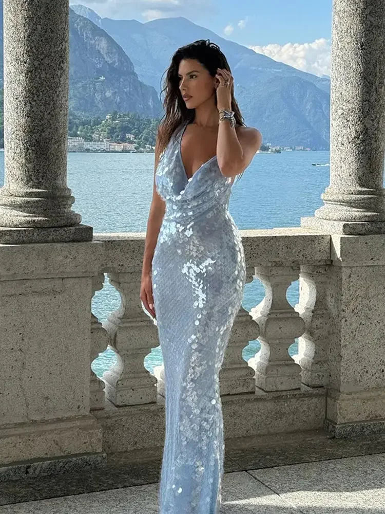 Sexy Glitter Sequinned Women’s Backless Maxi Chic Halter Christmas Party Dress Dresses-L