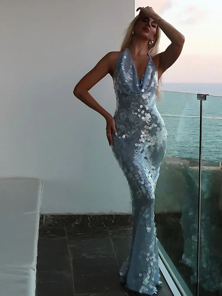Sexy Glitter Sequinned Women’s Backless Maxi Chic Halter Christmas Party Dress Dresses-L