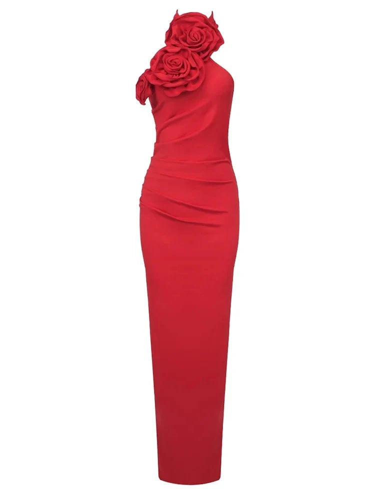 Sexy Halter Backless 3D Flower White Sleeveless High Split Christmas Party Dress Red / S Dresses-L