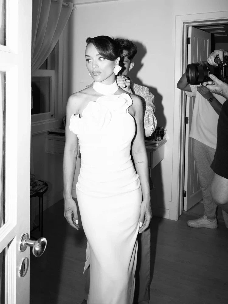 Sexy Halter Backless 3D Flower White Sleeveless High Split Christmas Party Dress White / S Dresses-L