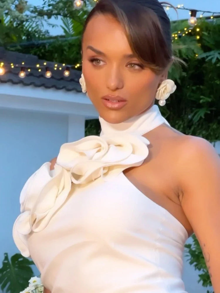 Sexy Halter Backless 3D Flower White Sleeveless High Split Christmas Party Dress Dresses-L