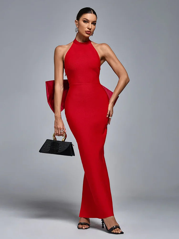 Sexy Halter Neck Backless Bow Design Red Sleeveless Bodycon Christmas Party Dress Dresses-L