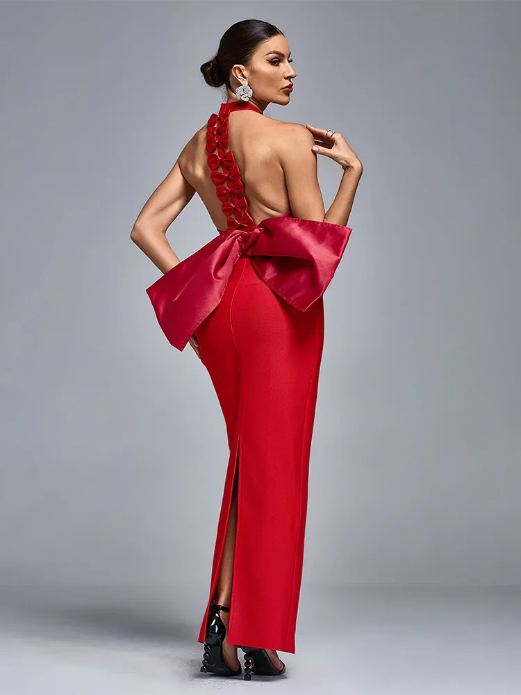 Sexy Halter Neck Backless Bow Design Red Sleeveless Bodycon Christmas Party Dress Dresses-L