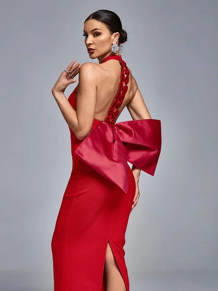 Sexy Halter Neck Backless Bow Design Red Sleeveless Bodycon Christmas Party Dress Dresses-L