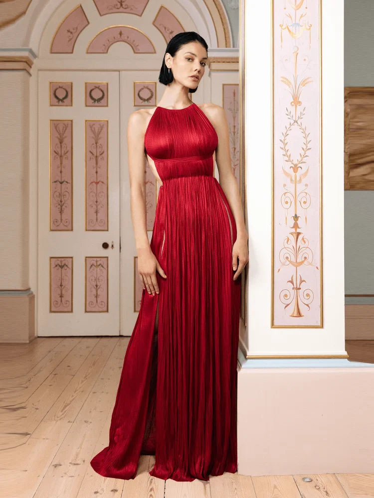 Sexy Halter Neck Chain Pleated High Split Long Dress Backless Christmas Party Dresses-L