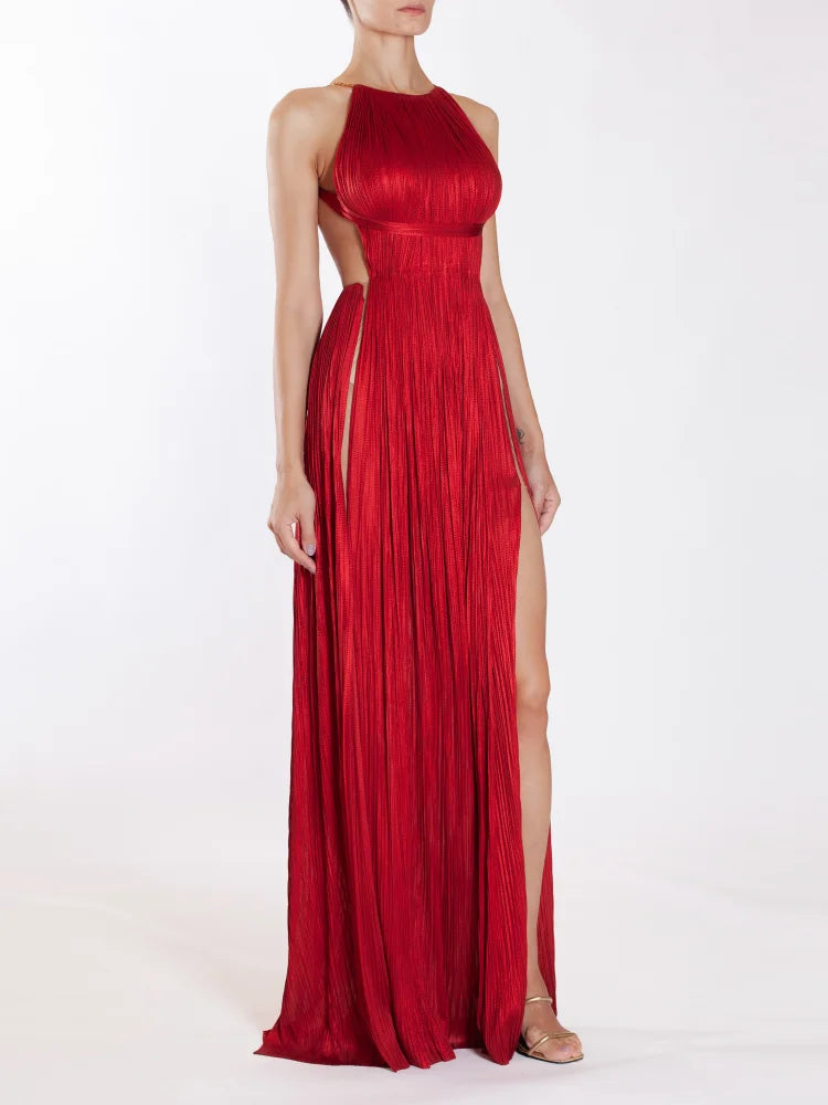 Sexy Halter Neck Chain Pleated High Split Long Dress Backless Christmas Party Dresses-L