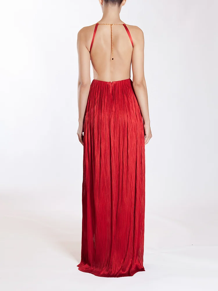 Sexy Halter Neck Chain Pleated High Split Long Dress Backless Christmas Party Dresses-L