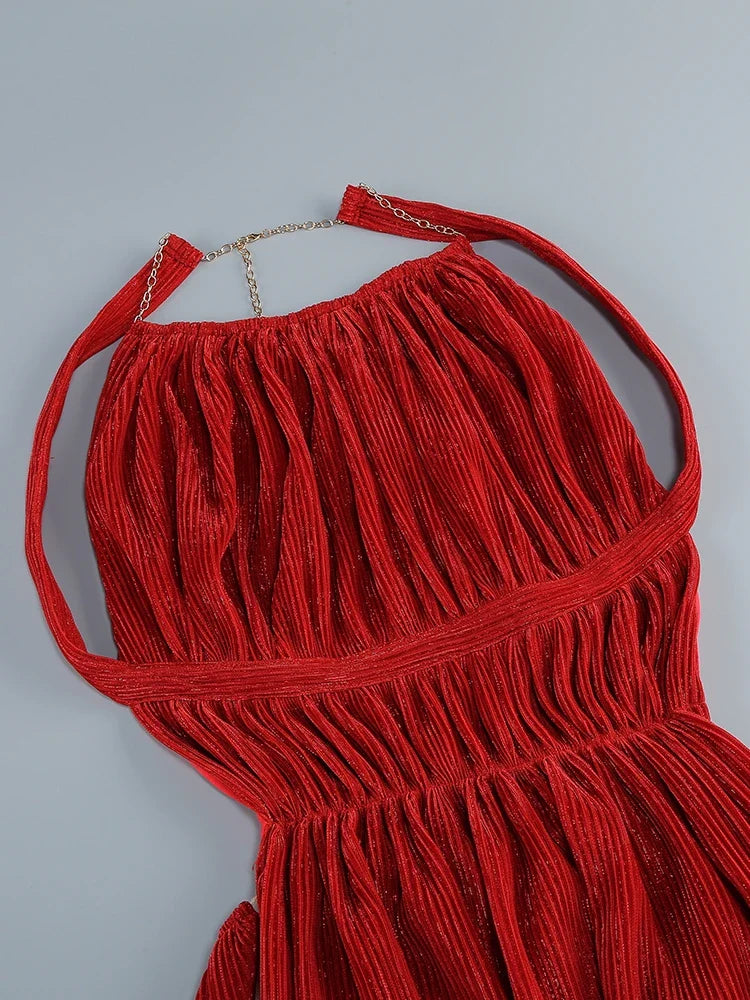 Sexy Halter Neck Chain Pleated High Split Long Dress Backless Christmas Party Dresses-L