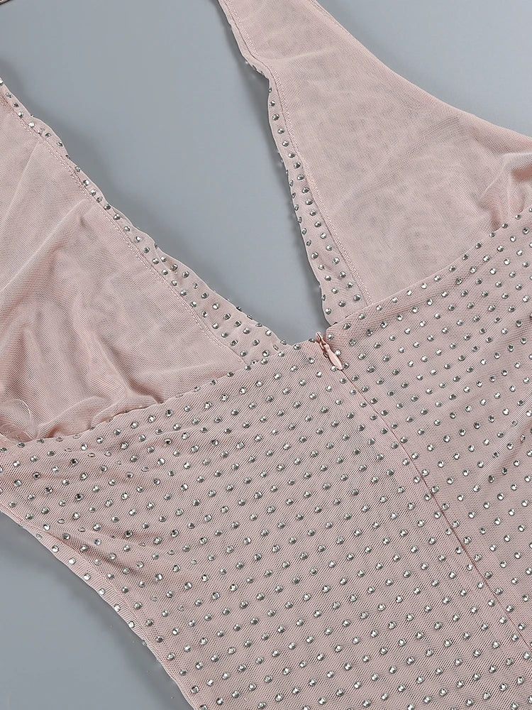 Sexy Halter Neck Low Cut Diamonds Mini Nude Christmas Party Dress Dresses-L