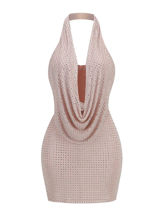 Sexy Halter Neck Low Cut Diamonds Mini Nude Christmas Party Dress Pink / S Dresses-L
