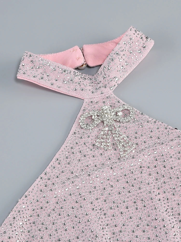 Sexy Halter Neck Shiny Diamonds Bow Maxi Dress Backless Christmas Party Dresses-L