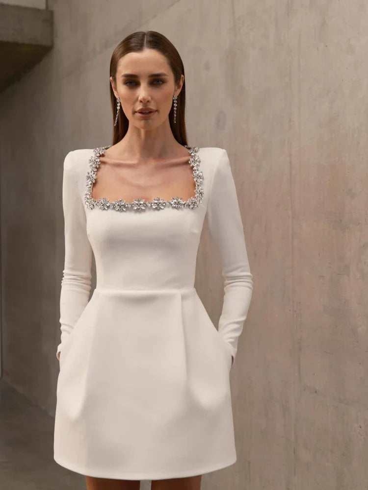 Sexy Long Sleeves Square Collar Crystal A-Line Slim Dress Elegant Christmas Party Dresses-L