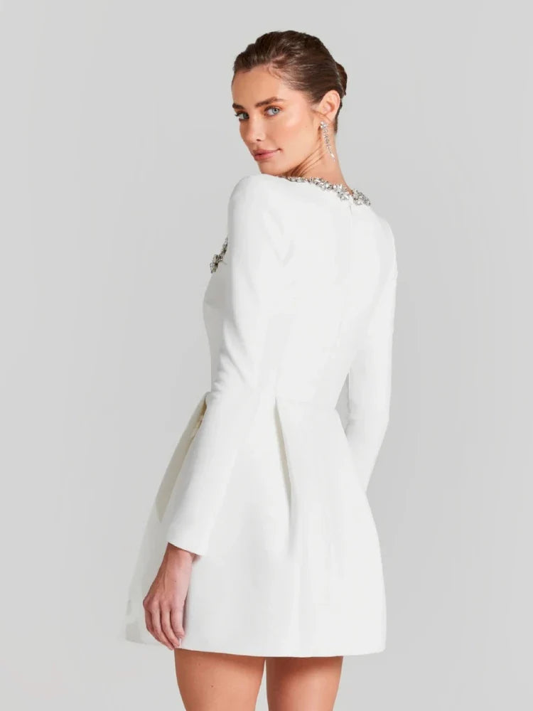 Sexy Long Sleeves Square Collar Crystal A-Line Slim Dress Elegant Christmas Party Dresses-L