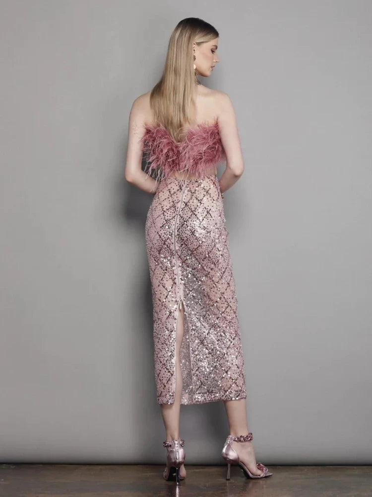 Sexy Luxury Sequins Feather Strapless Top Skirt Two Piece Set Christmas Party Dress Dresses-L