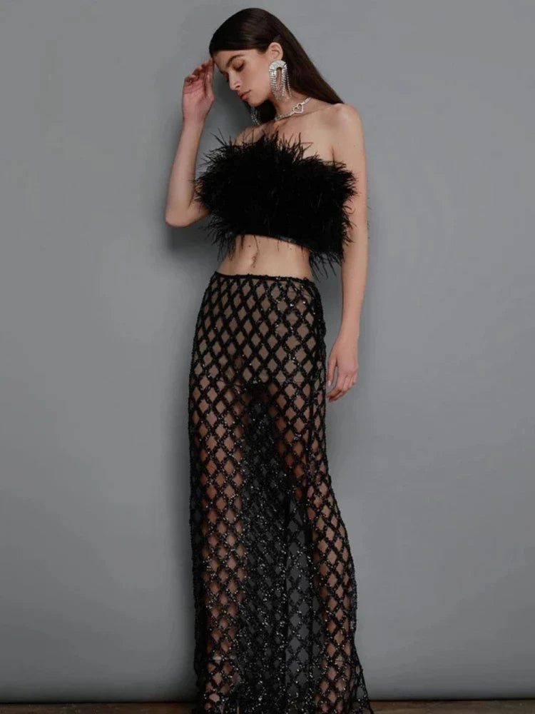Sexy Luxury Sequins Feather Strapless Top Skirt Two Piece Set Christmas Party Dress Dresses-L