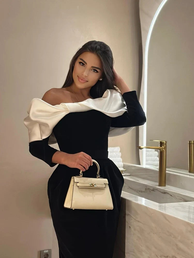 Sexy Off Shoulder Long Sleeves Bandage Black Detachable Pleated Christmas Party Dress Dresses-L