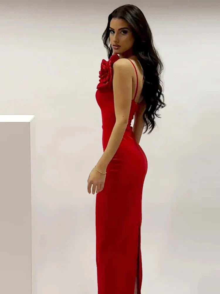 Sexy One Shoulder Diamonds Flower Patchwork Maxi Red Christmas Party Dress Dresses-L