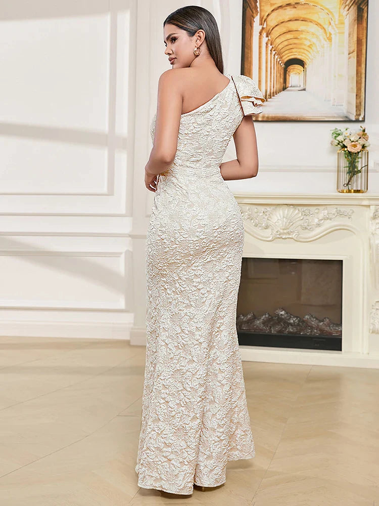 Sexy One Shoulder Flower Jacquard Long Sleeveless Folds Christmas Party Dress Dresses-L