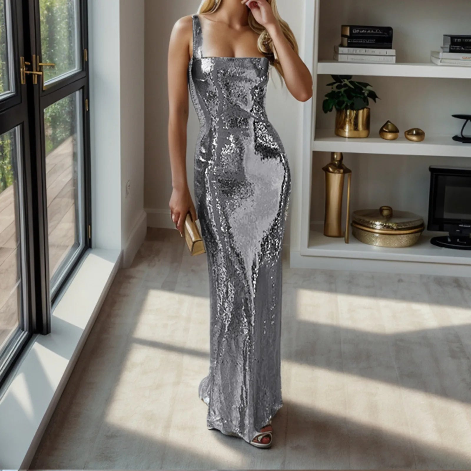 Glamorous Red Backless Sequins Sling Maxi Christmas Party Dress Silver / S Dresses-L