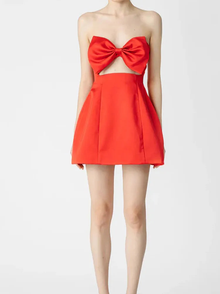 Red Bow Hollow Satin Strapless Party Dress Partydress-241208