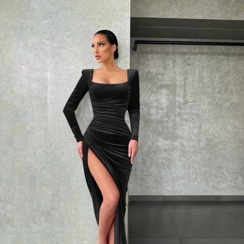 Sexy Red Velvet Elegant Midi Christmas Party Dress Dresses-L