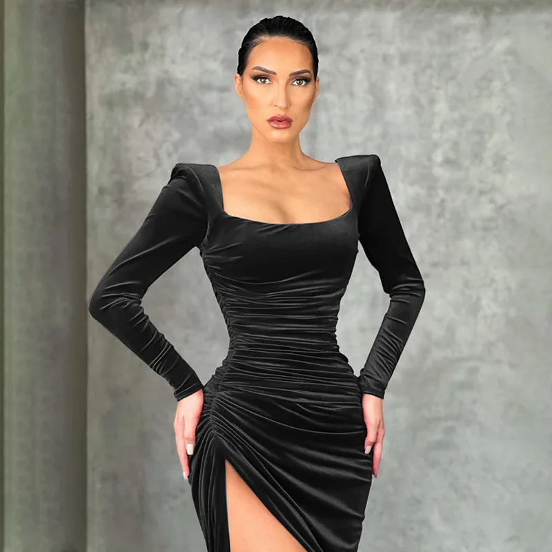 Sexy Red Velvet Elegant Midi Christmas Party Dress Black / S Dresses-L