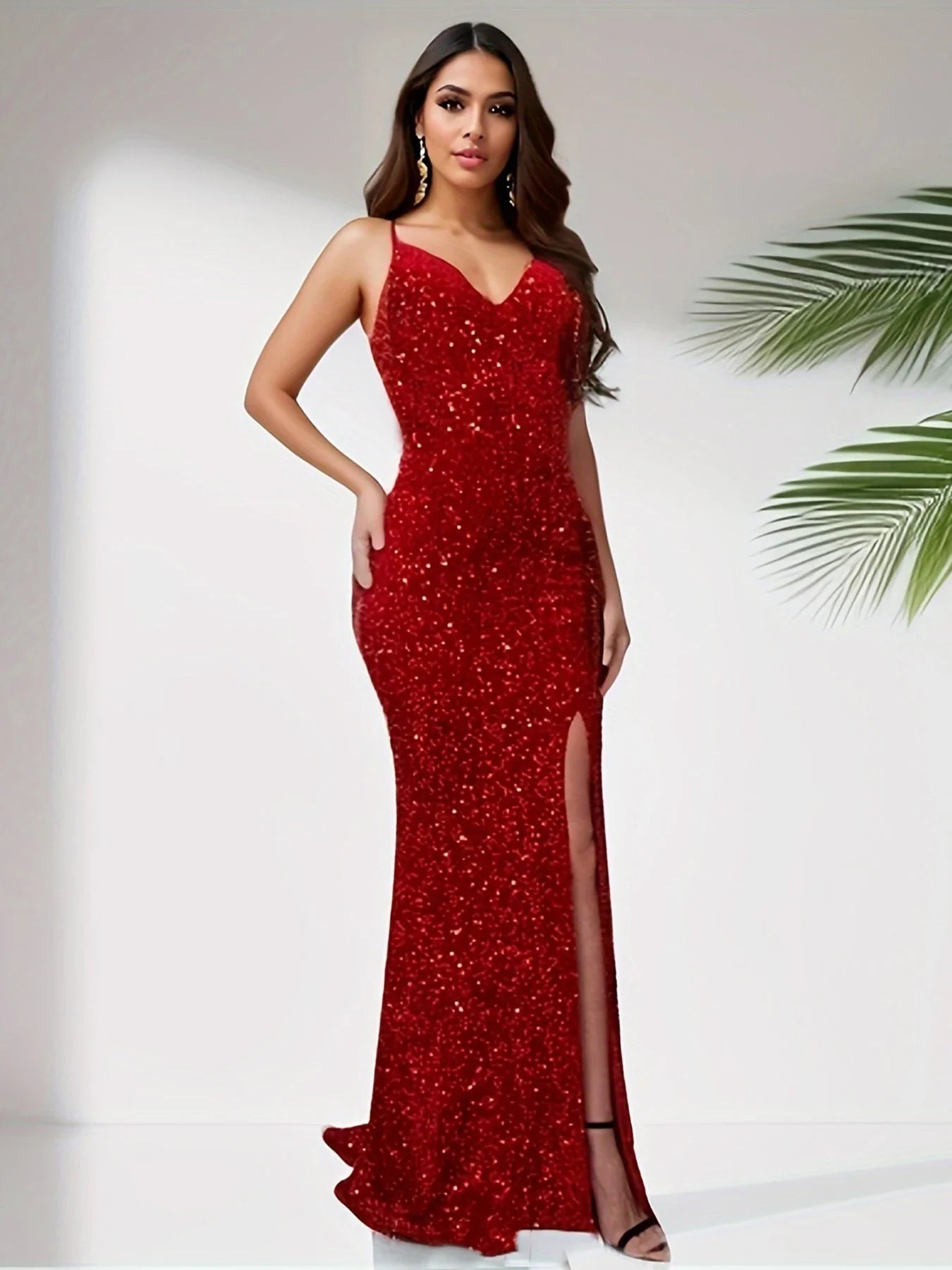 Sequined V-Neck Backless Party Dress Partydress-241208