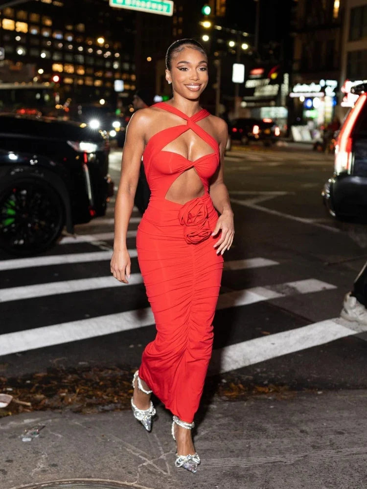 Sexy Sleeveless Flower Design Bodycon Midi Dress Cross Sling Cut Out Christmas Party Dresses-L