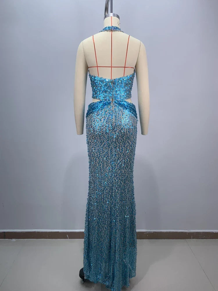 Sexy Sling Deep V-Neck Sequins Long Dress Hollow Out Slim Christmas Party Dresses-L