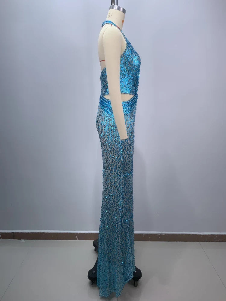 Sexy Sling Deep V-Neck Sequins Long Dress Hollow Out Slim Christmas Party Dresses-L
