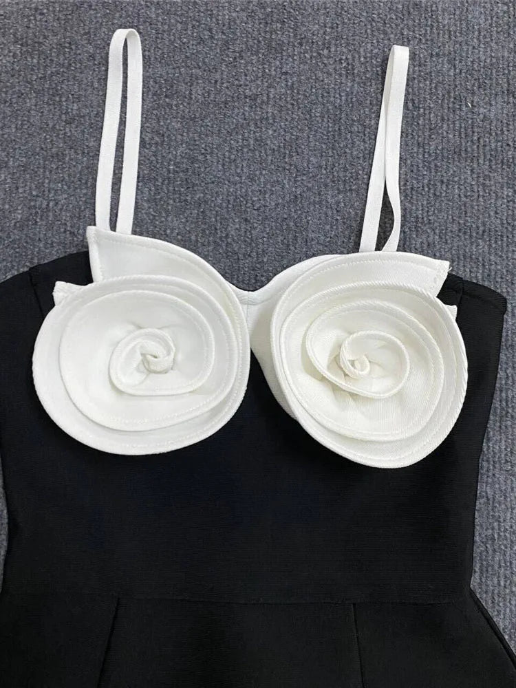 Sexy Spaghetti Strap 3D Flower Bandage Sleeveless Floral A-Line Christmas Party Dress Dresses-L