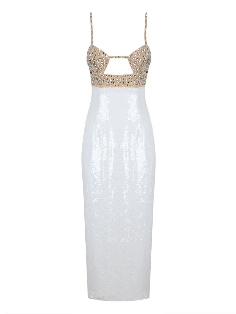 Sexy Spaghetti Strap Luxury Diamond Sequin Dress White Backless Midi Christmas Party White / S