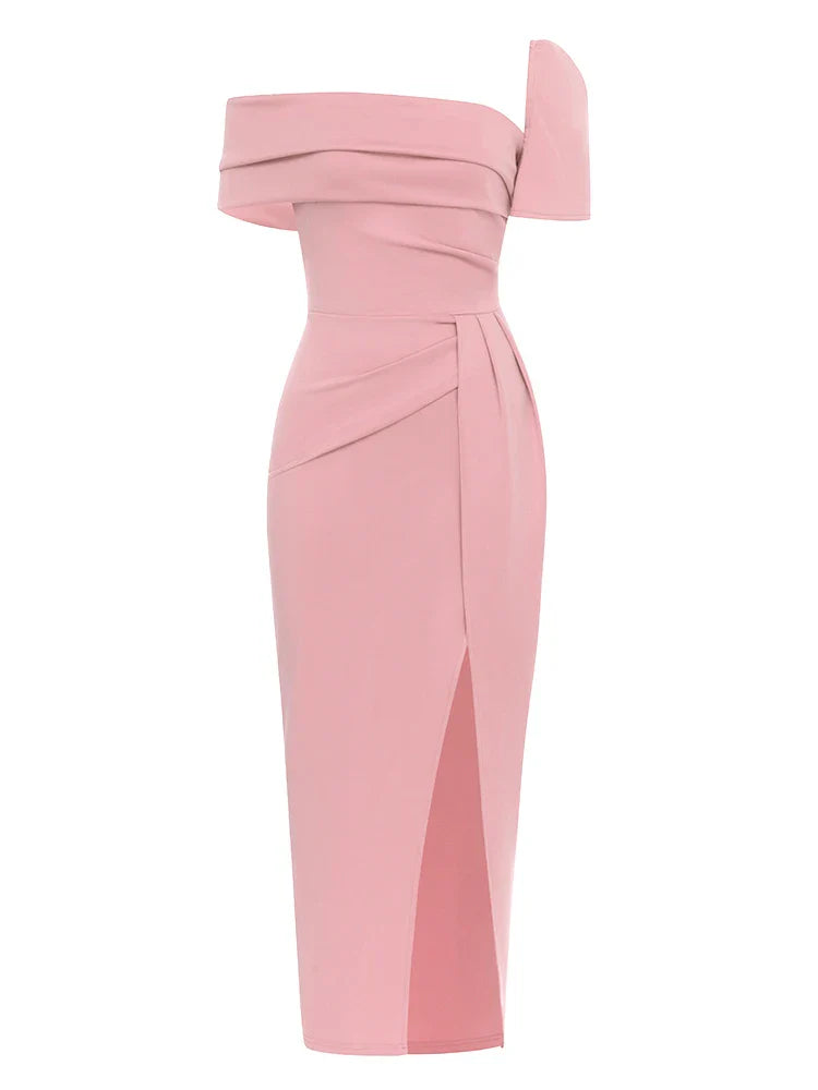 Sexy Square Collar Folds Design Long Dress Short Sleeves Christmas Party Pink / S Dresses-L