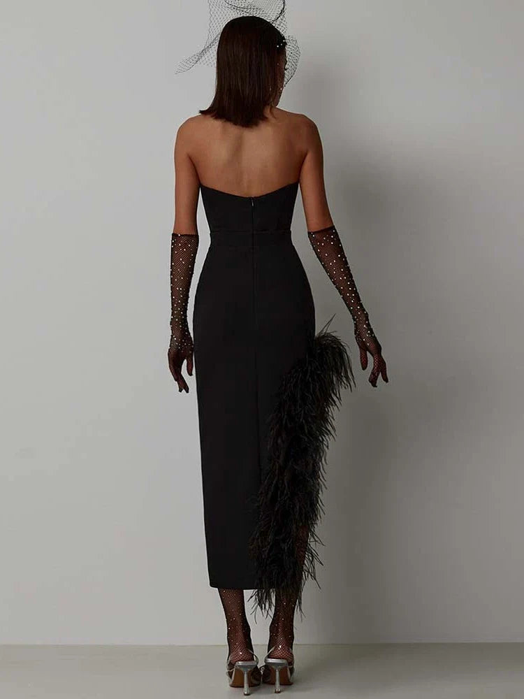 Sexy Strapless Feathers Midi Bandage Black White Backless Christmas Party Dress Dresses-L