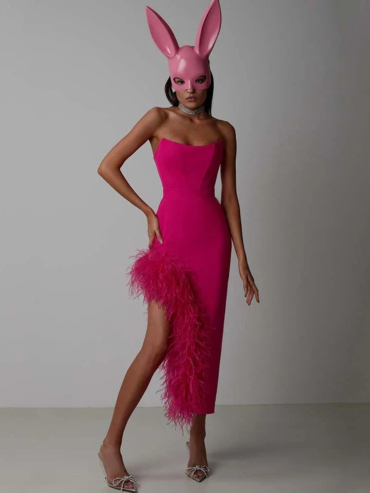 Sexy Strapless Feathers Midi Bandage Black White Backless Christmas Party Dress Rose Red / S