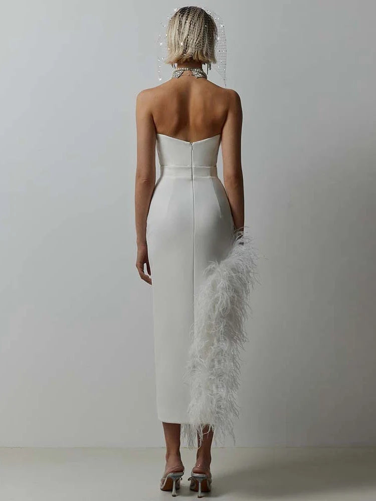 Sexy Strapless Feathers Midi Bandage Black White Backless Christmas Party Dress Dresses-L