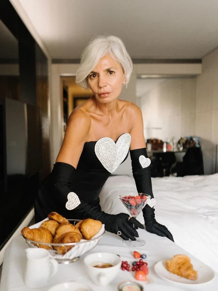 Sexy Strapless Heart Diamonds Bandage Gloves Black Backless Bodycon Christmas Party Dress Dresses-L