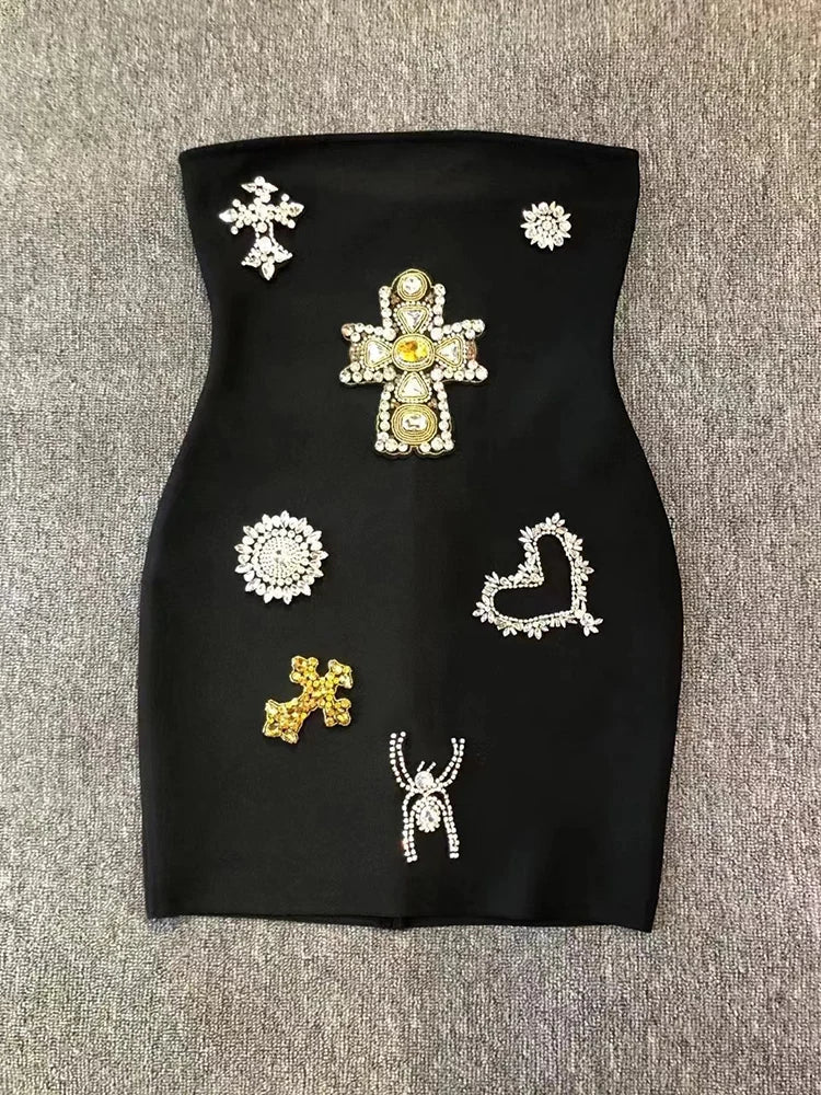 Sexy Strapless Luxury Diamonds Bandage Black Sleeveless Beaded Mini Evening Christmas Party Dress /