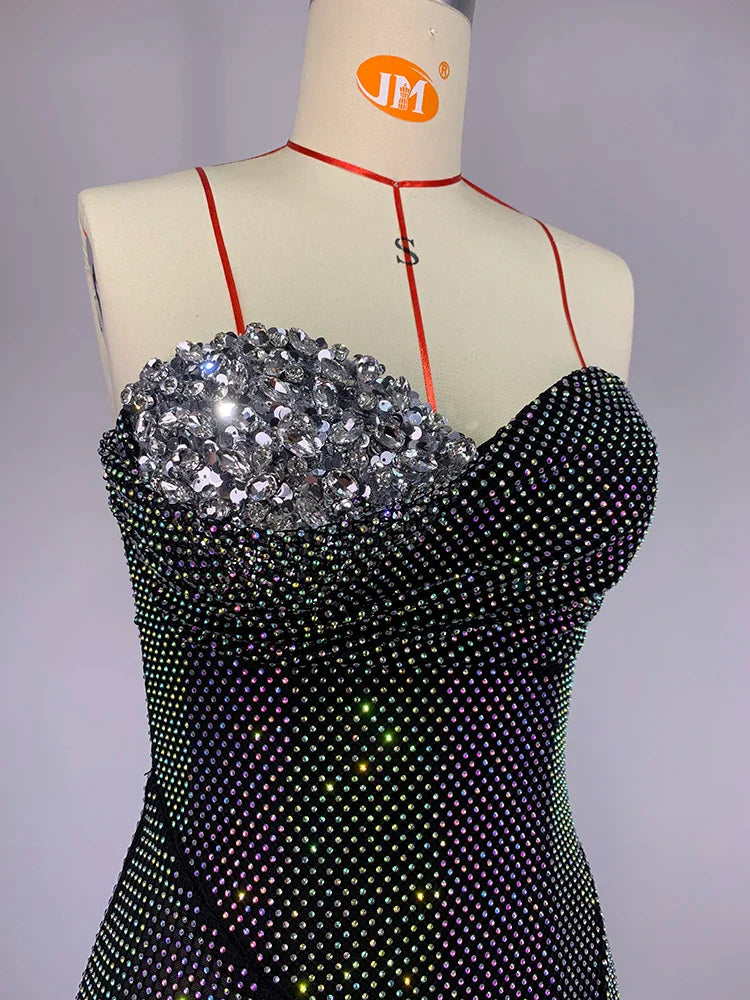 Sexy Strapless Luxury Diamonds Long Dress Shiny Sequins Crystal Folds Christmas Party Dresses-L