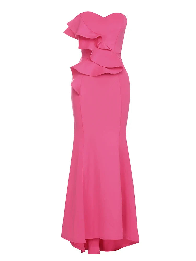 Sexy Strapless Ruffle Edge Design Rose Red Sleeveless Backless Christmas Party Dress Dresses-L