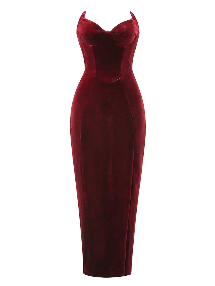 Sexy Strapless V Neck Velvet Maxi Dress Women Burgundy Black Christmas Party / S Dresses-L