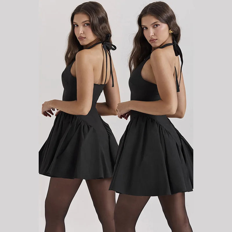 Black V-Neck Halter Charming Frill Mini Dress