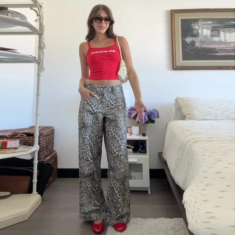 Leopard Print Stylish Straight Trousers Long