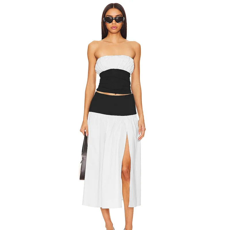 Black And White Patchwork Tube Trendy Top And Slit Long Skirt Set Co-Ord