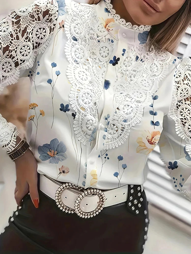 Lace Patchwork Hollow Out Button-Up Office Blouse blouse-250126