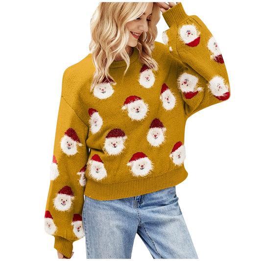 Soft Funny Christmas Santa Claus Print Loose Round Neck Knitted Sweater Gold / S Sweaters-L