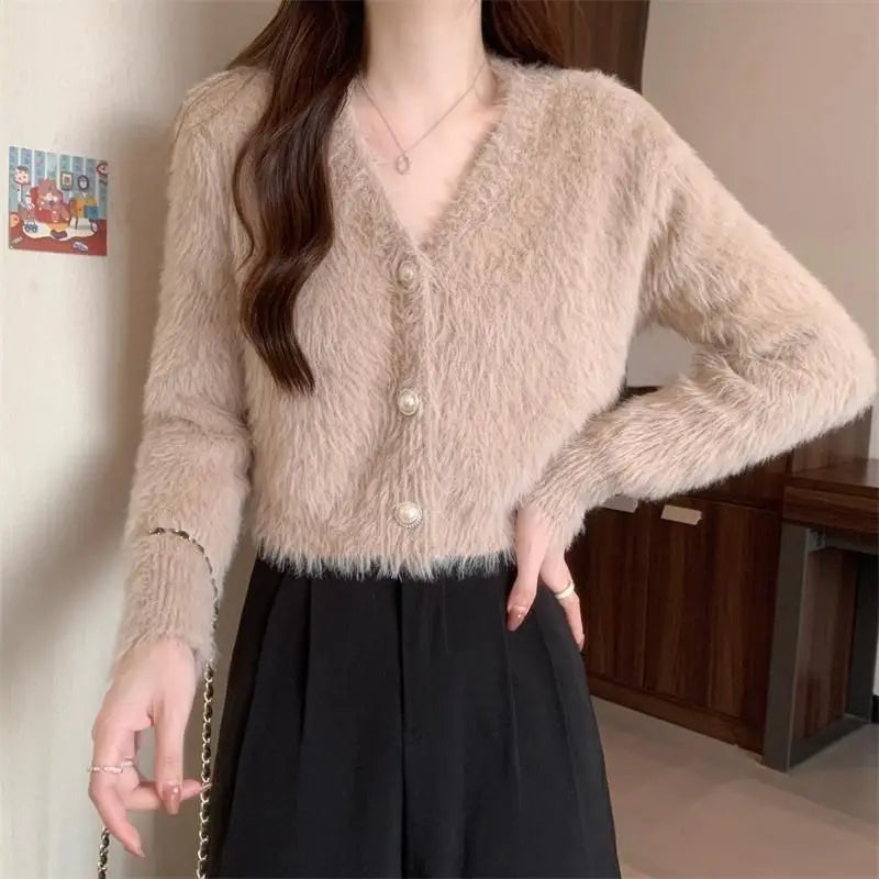 Lantern Sleeve V-Neck Solid Button-Up Knit Cardigan Coat Khaki / S cardiagn-250126