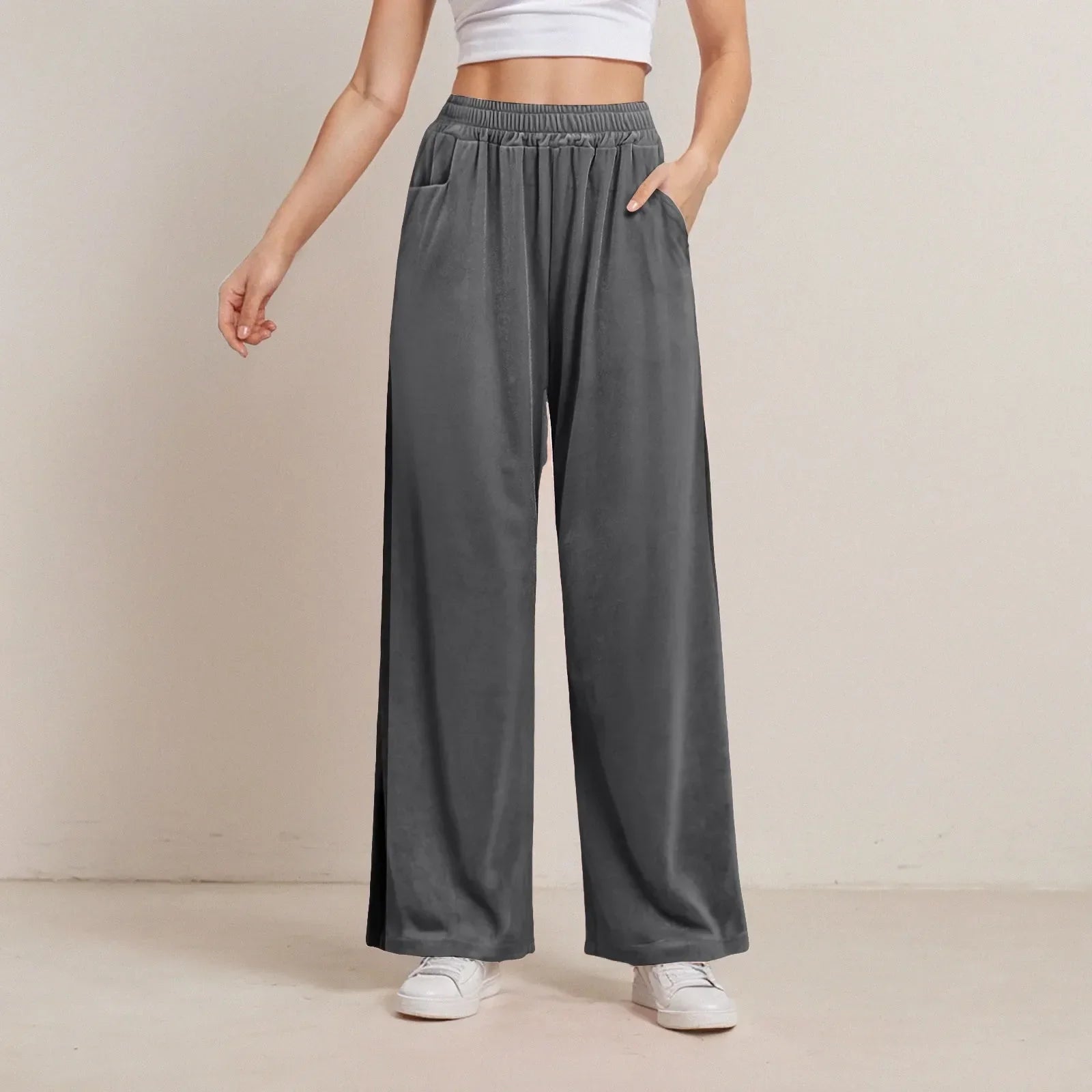 Solid Color Pocket Stretch Casual Pants Grey / S