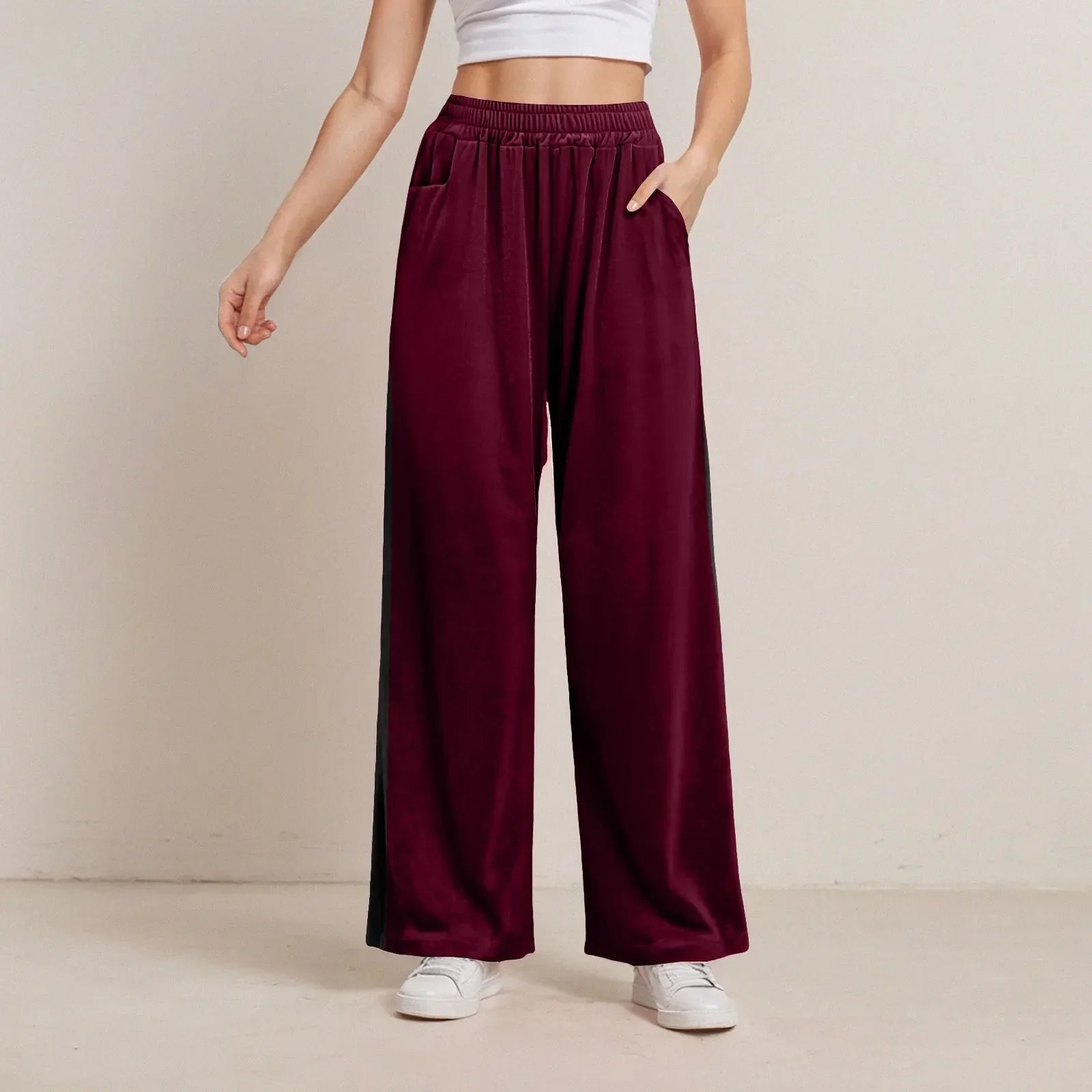 Solid Color Pocket Stretch Casual Pants red 2 / S