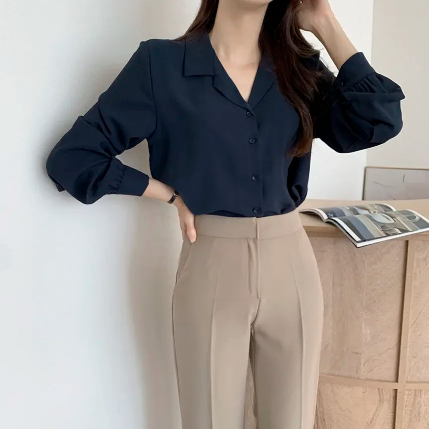 Chic Lantern Sleeve Suit Collar Loose Office Shirt Navy Blue / One Size blouse-250126